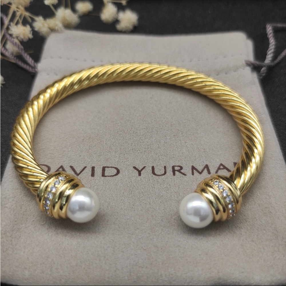 David Yurman Gold-Tone Cable Cuff Bracelet with White Pearls 7mm